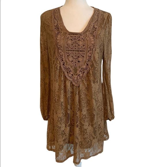 A'reve Tan Lace Overlay Swing Dress - Picture 1 of 9